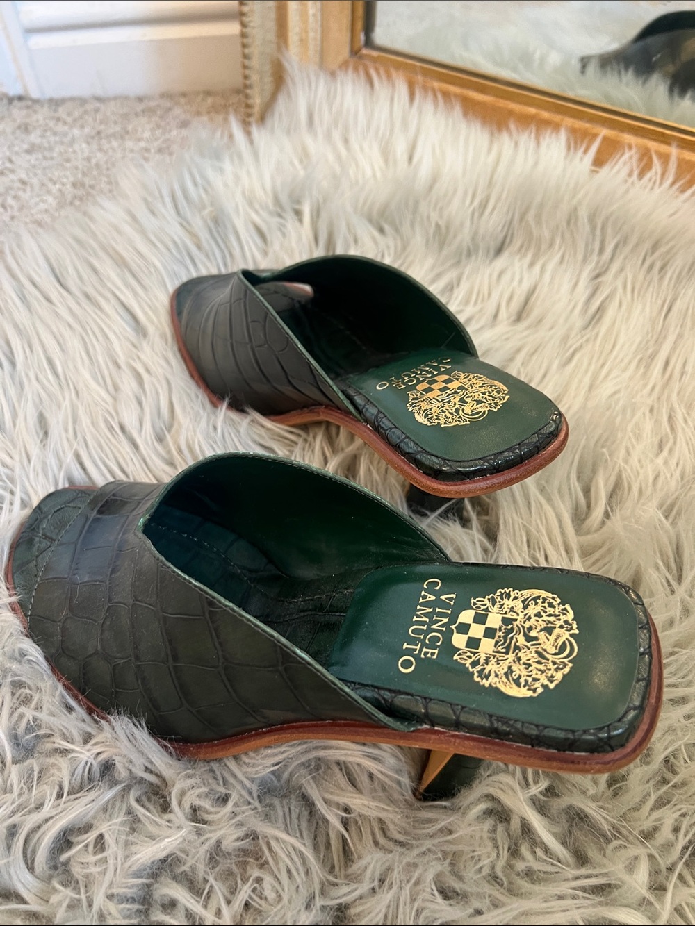 Vince Camuto Dark Green Croc-Embossed Slide Mules
